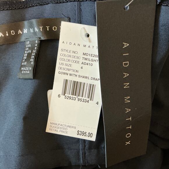 Aidan Mattox Shawl Collar A-Line Evening Gown Blue Size 4 Ruffled Thigh Slit - Picture 9 of 13